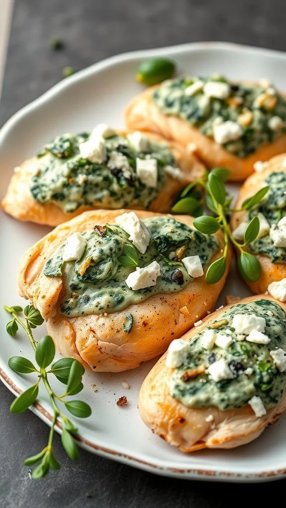 Plate of creamy spinach and feta stuffed chicken breasts garnished with feta cheese and fresh herbs.