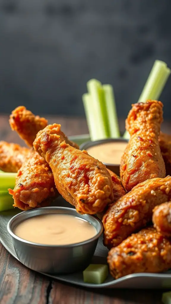 A platter of crispy air fryer chicken wings with a creamy dipping sauce and celery sticks.