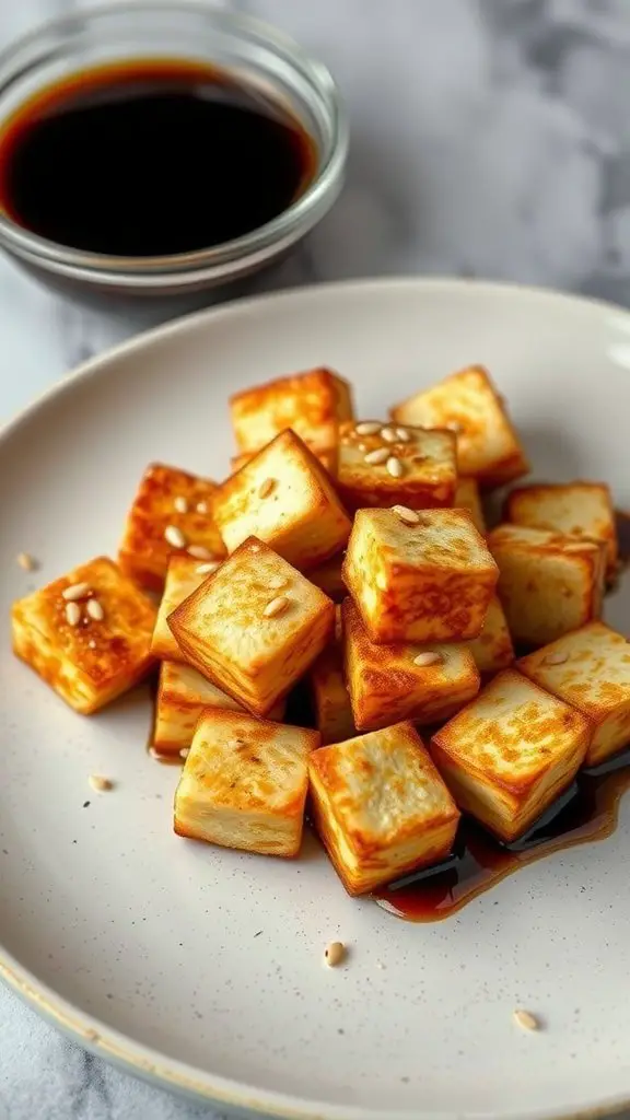 Crispy air fryer tofu cubes on a plate with dipping sauce