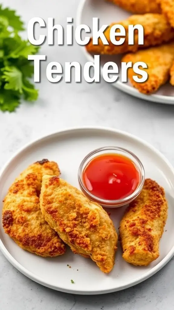 Plate of crispy baked chicken tenders with dipping sauce