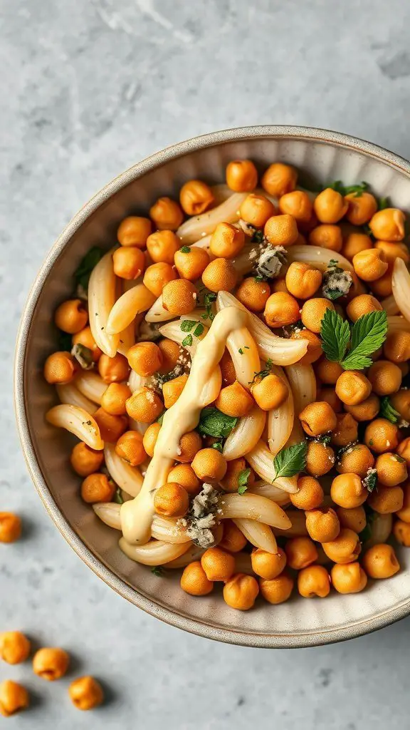A bowl of crispy chickpea pasta salad featuring orange chickpeas, light pasta, herbs, and a creamy dressing.