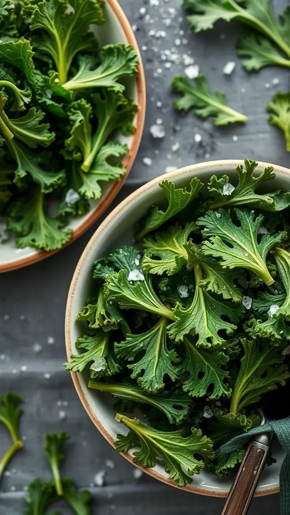 Fresh green kale leaves in bowls with a sprinkle of salt.