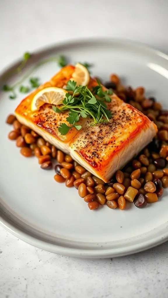 Crispy skin salmon fillet on a plate with lentils and garnished with lemon and herbs.