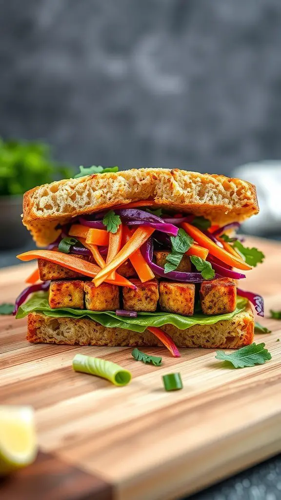 A crispy tofu sandwich filled with colorful slaw, placed on a wooden cutting board.