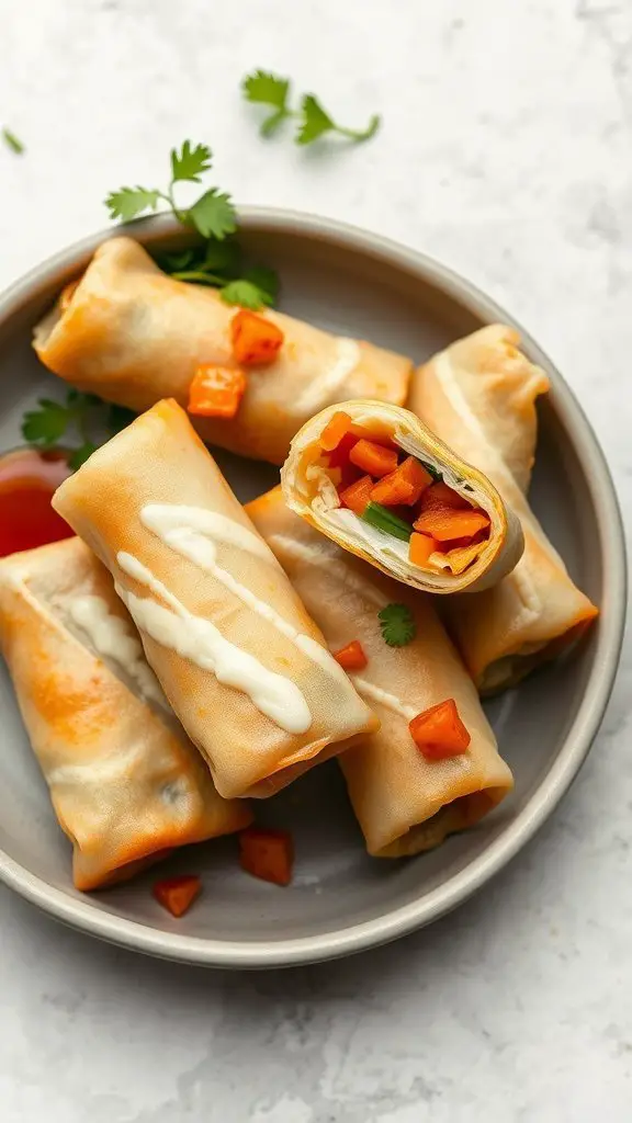 A plate of crispy tofu spring rolls filled with diced vegetables and drizzled with sauce.