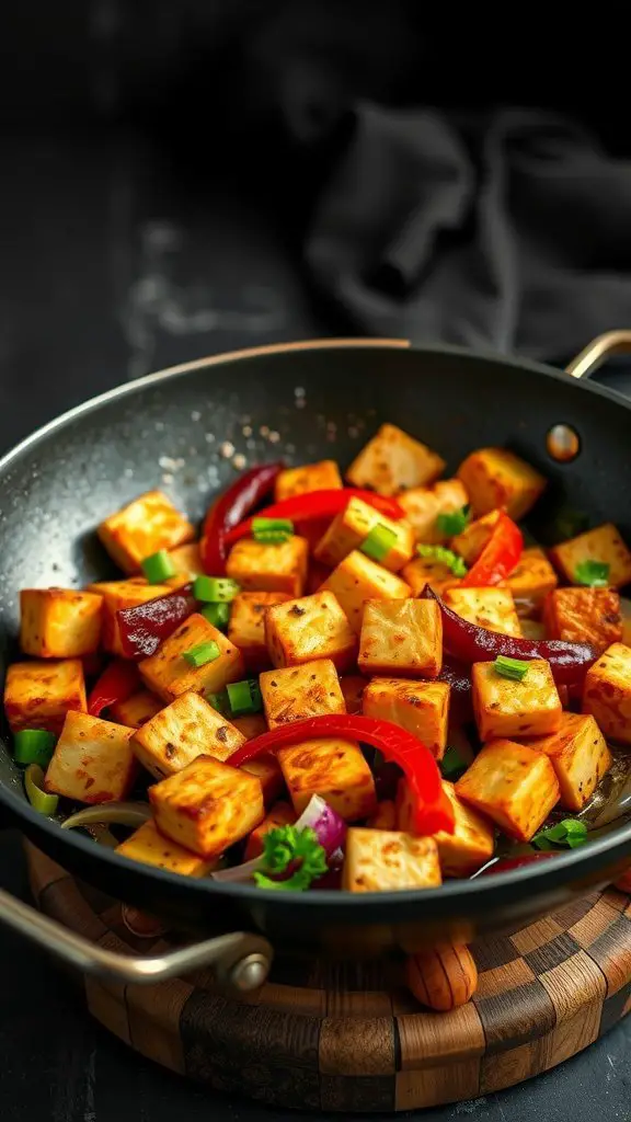 A pan of crispy tofu stir-fry with colorful vegetables