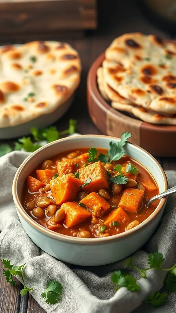 A bowl of curried lentil and sweet potato stew garnished with cilantro, next to naan bread