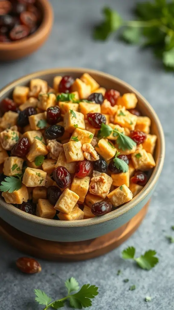 A bowl of curried tuna salad with raisins, featuring chunks of tuna, raisins, and herbs, all in a cozy setting.