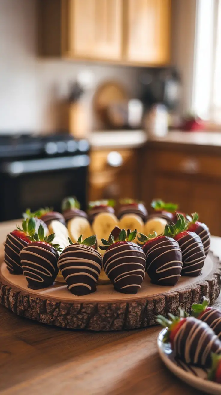 A wooden platter with dark chocolate dipped strawberries and bananas, beautifully arranged.