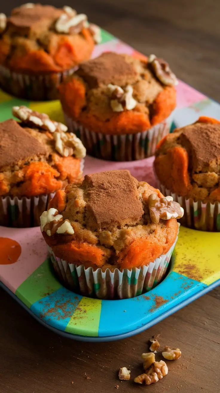 Date-sweetened carrot cake muffins on a colorful tray.