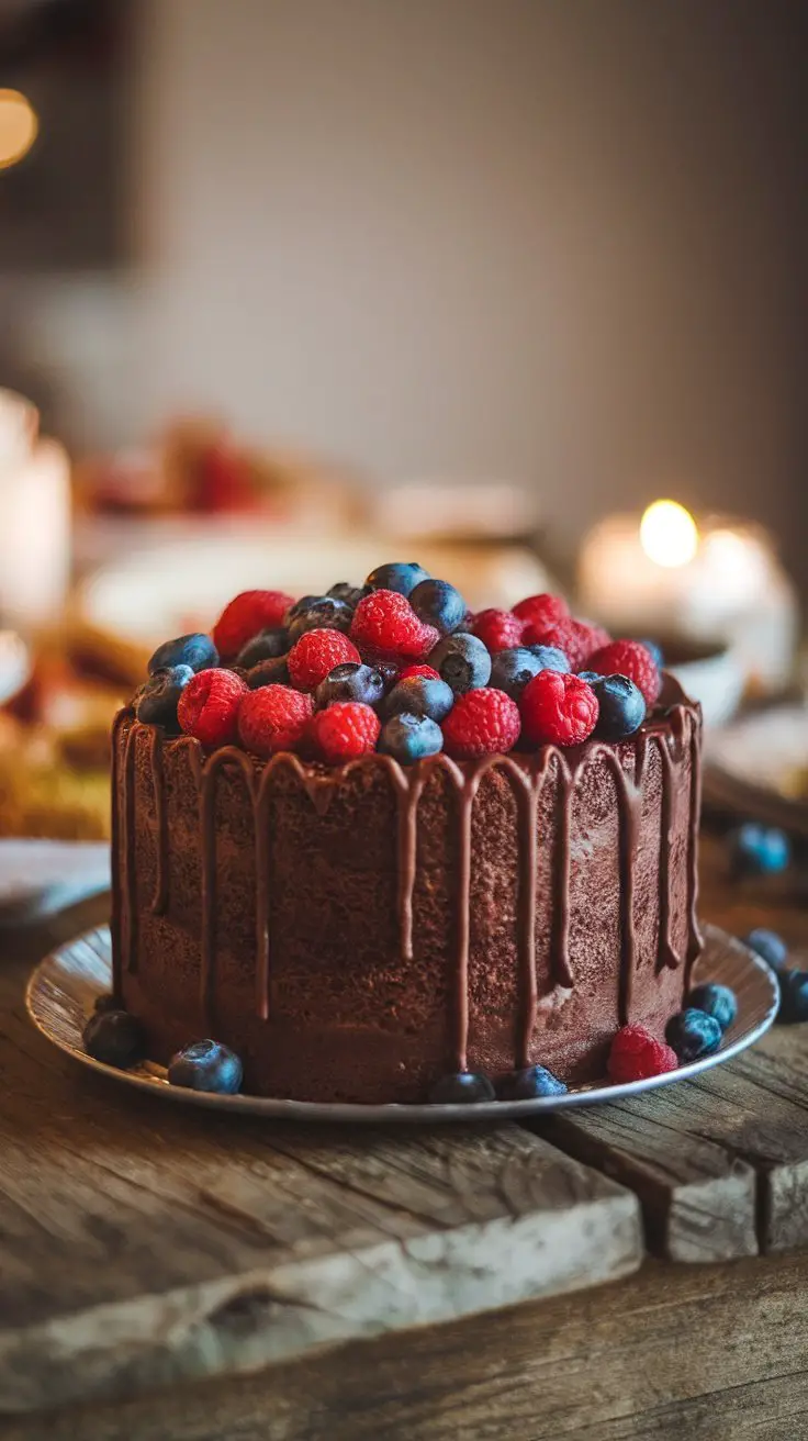 A vegan chocolate cake topped with raspberries and blueberries on a wooden table.