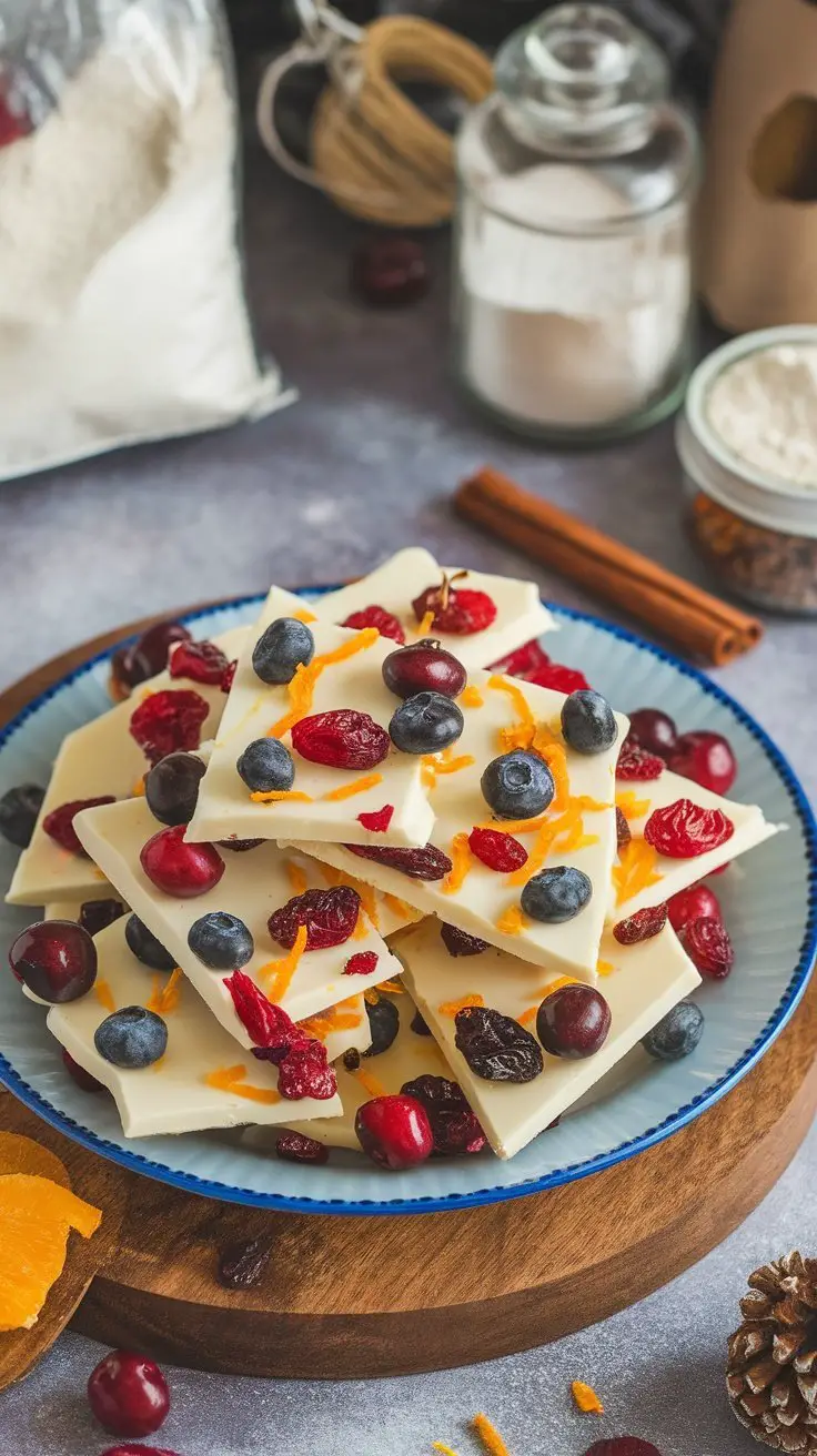 White chocolate bark topped with dried fruits, arranged on a blue plate