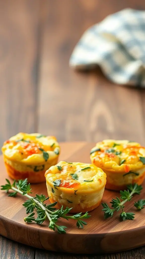 A wooden board with three egg and veggie muffins garnished with fresh herbs.