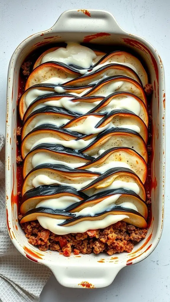 A baked eggplant moussaka layered dish with eggplant slices, ground meat mixture, and creamy sauce.