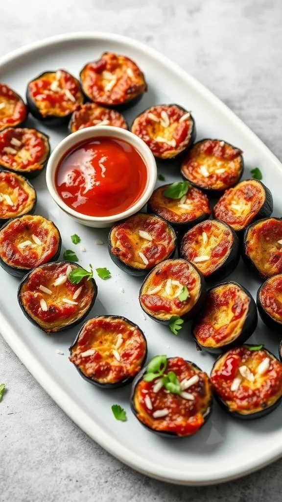A platter of Eggplant Parmesan Bites with marinara sauce in the center.