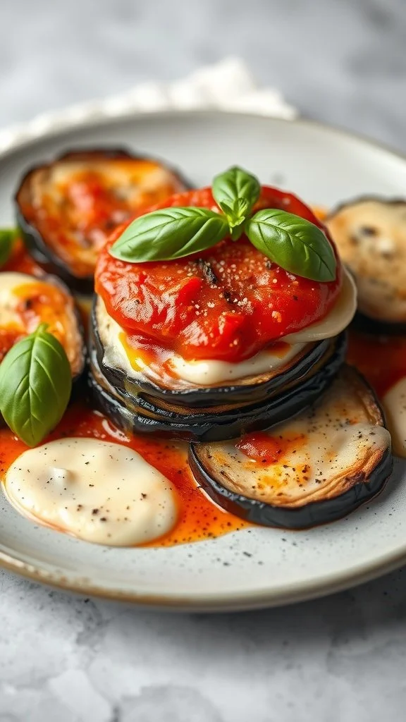 A plate of Eggplant Parmesan with roasted eggplant slices, tomato sauce, and fresh basil.