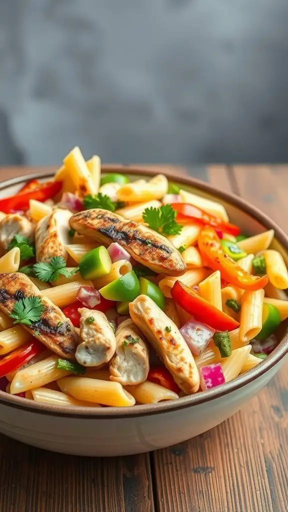 A colorful bowl of fajita pasta salad with grilled chicken, bell peppers, and fresh herbs.