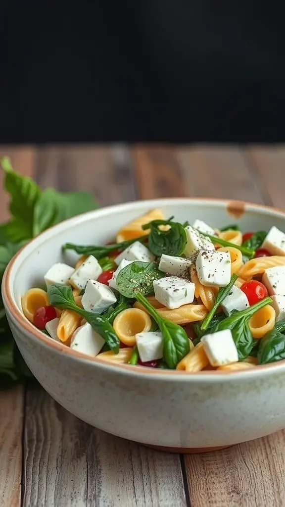 A bowl of Feta and Spinach Pasta Salad with cherry tomatoes and fresh spinach on a wooden table.