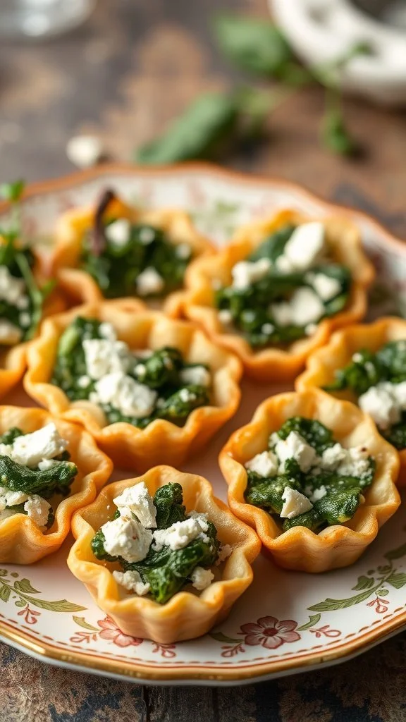 A plate of feta and spinach puff pastry bites arranged neatly.