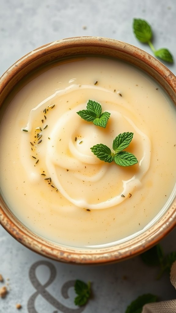 A bowl of creamy potato soup garnished with fresh mint leaves.