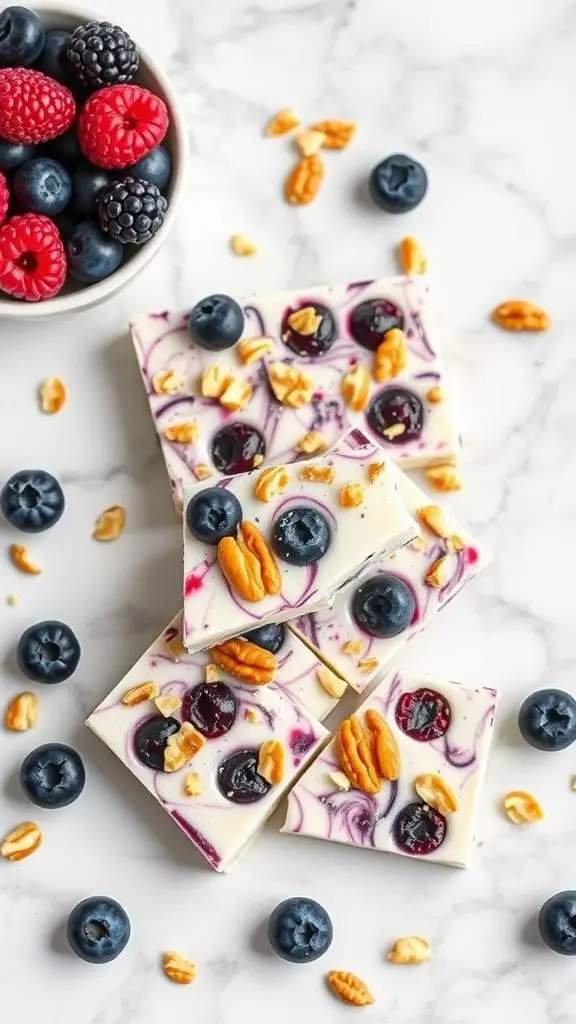 Frozen blueberry yogurt bark with blueberries, nuts, and yogurt on marble surface