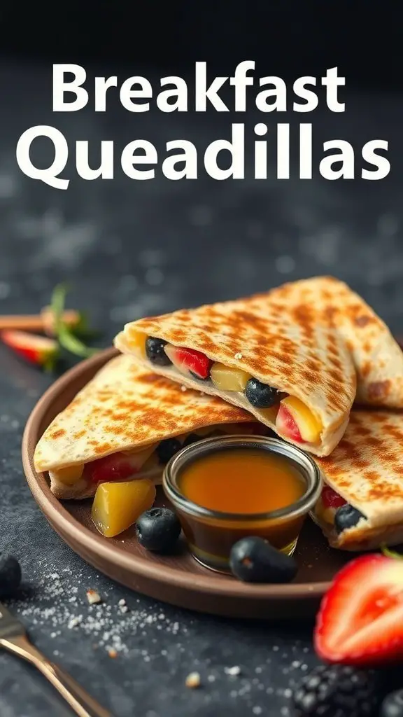 Delicious breakfast quesadilla filled with fruits and served with syrup.