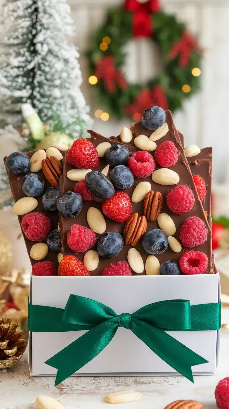 A beautifully packaged chocolate bark topped with fresh berries and nuts, perfect for gifting.