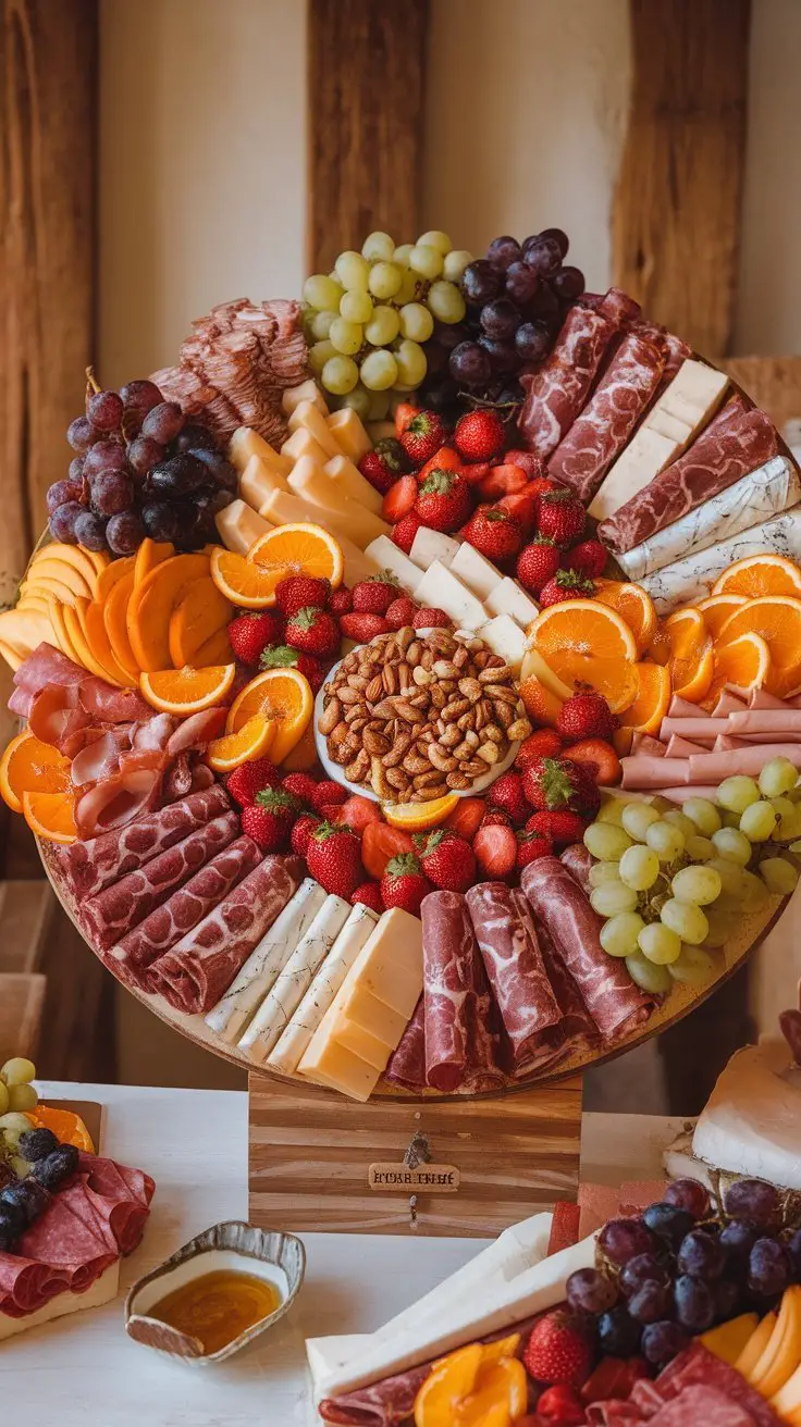 A colorful dessert charcuterie board featuring fruits like strawberries, grapes, and oranges, along with a variety of nuts.