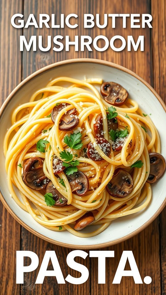 A bowl of garlic butter mushroom pasta, garnished with parsley and Parmesan cheese.
