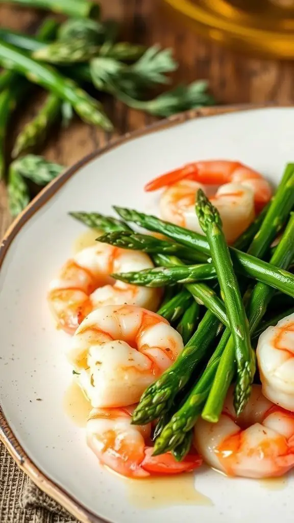 A plate of garlic butter shrimp with asparagus on a wooden surface.