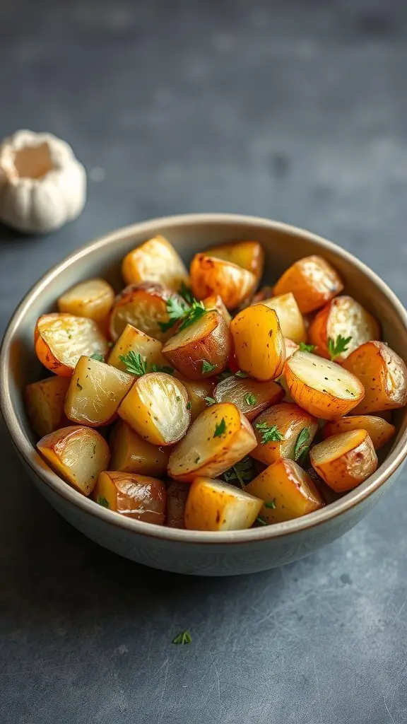 A bowl of garlic herb roasted potatoes garnished with parsley, with a garlic bulb in the background.