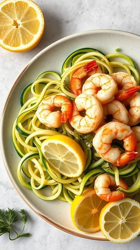 A plate of Garlic Lemon Shrimp with zoodles, garnished with lemon slices and herbs.
