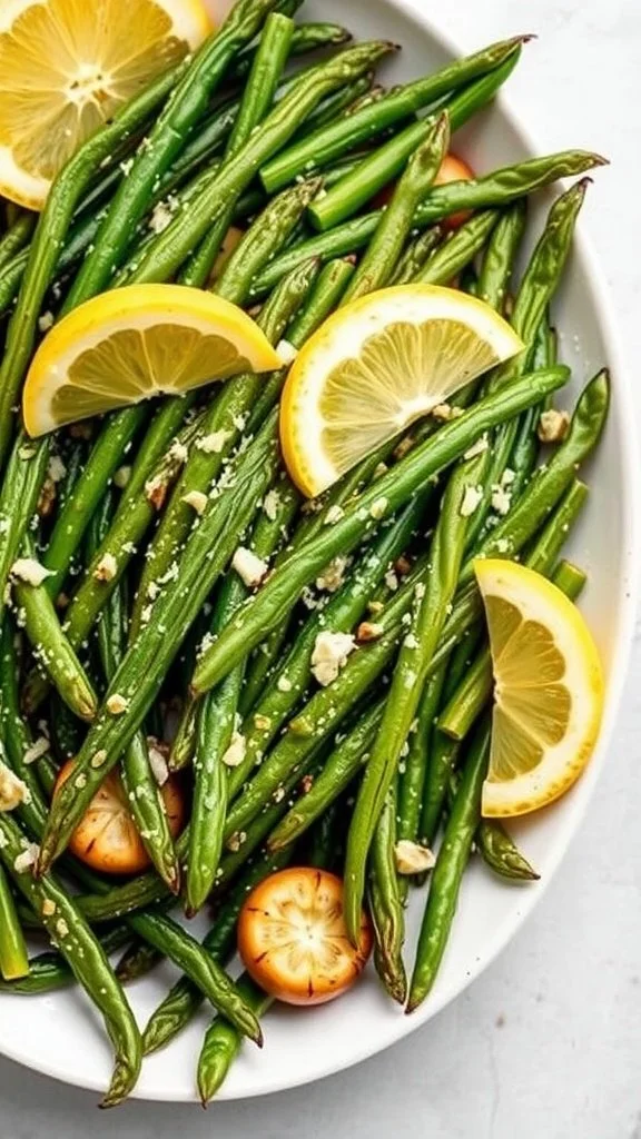 A plate of garlic Parmesan roasted green beans garnished with lemon slices