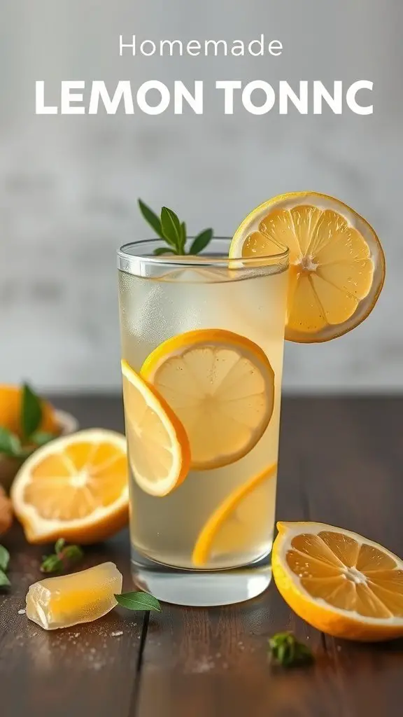 A refreshing Ginger Lemon Probiotic Tonic with lemon slices and ginger on a wooden table.