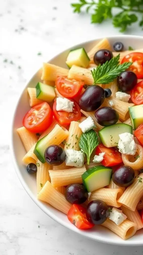 A bowl of Greek pasta salad with Kalamata olives, cherry tomatoes, cucumbers, and feta cheese.