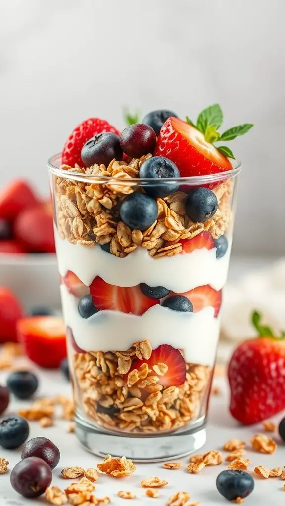 A delicious Greek yogurt parfait layered with granola, strawberries, and blueberries.