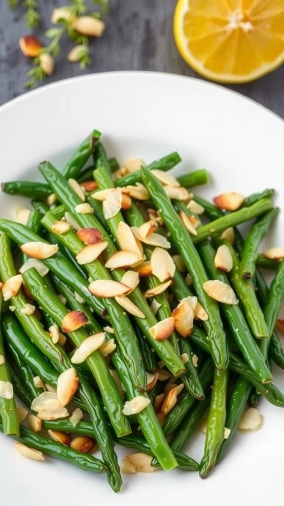 Plate of green beans topped with sliced almonds and a lemon wedge