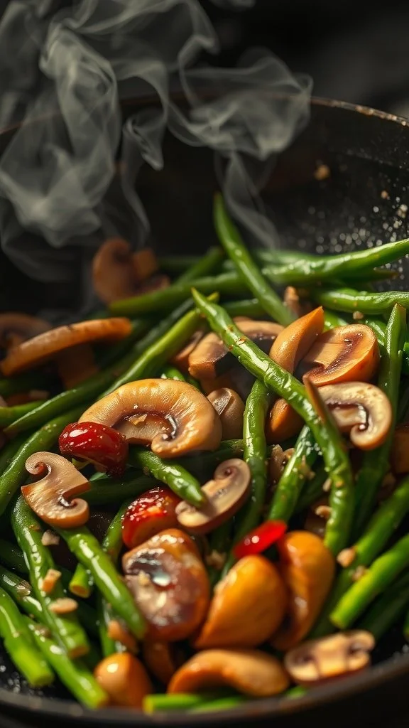 A stir-fry dish featuring green beans and mushrooms with steam rising from the pan.