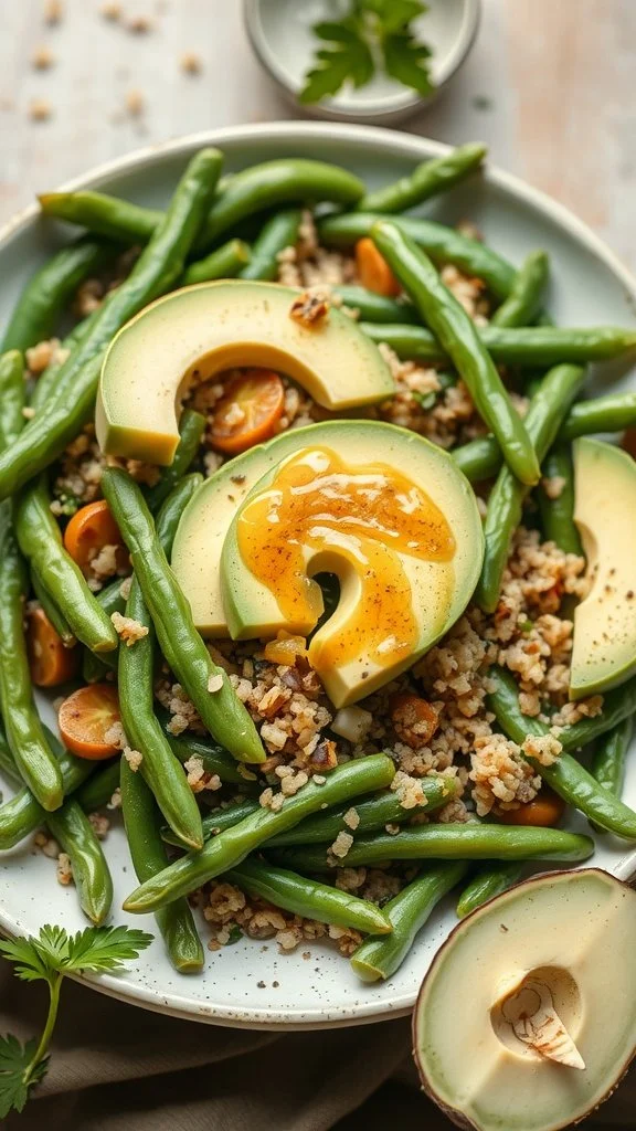 A delicious green bean and quinoa salad topped with avocado slices.