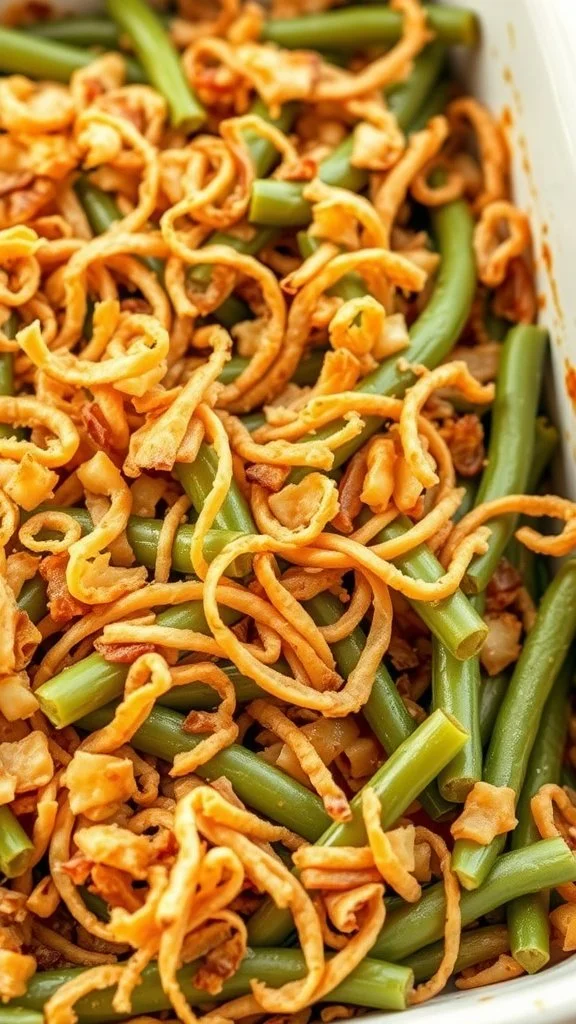 A delicious green bean casserole topped with crispy fried onions.