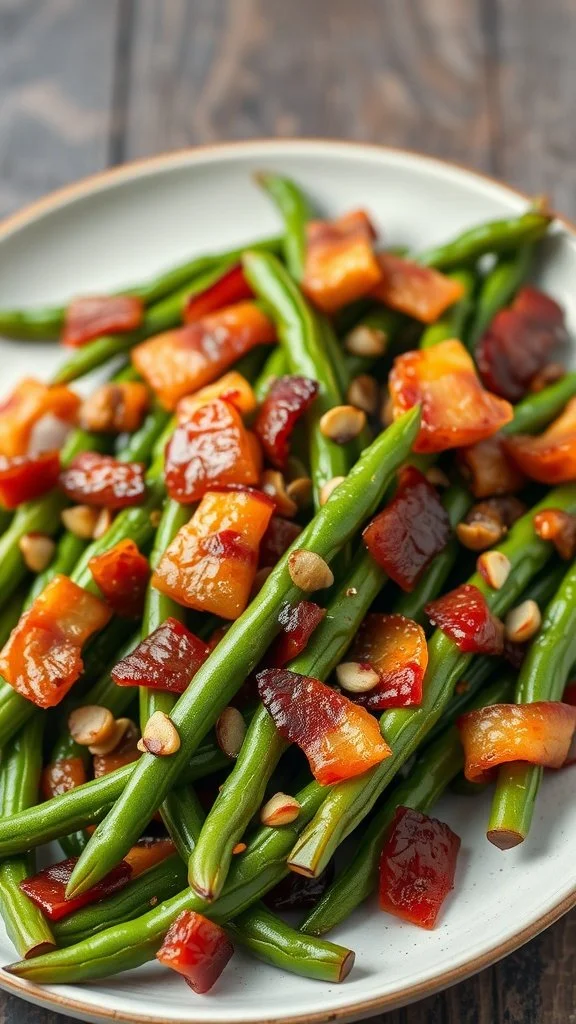 A plate of green beans mixed with crispy bacon and shallots, creating a vibrant and appealing side dish.