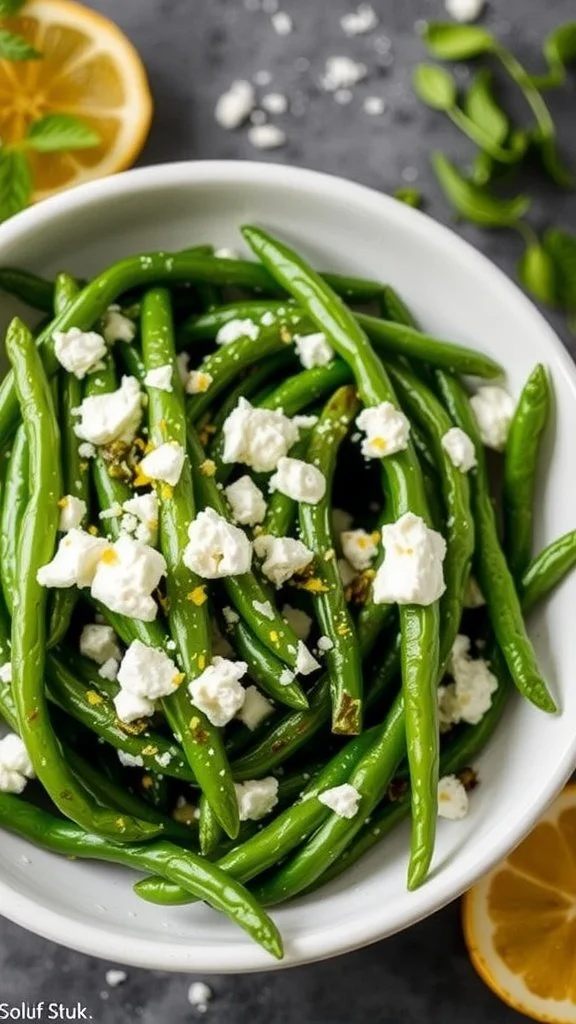 A bowl of green beans topped with feta cheese and lemon slices