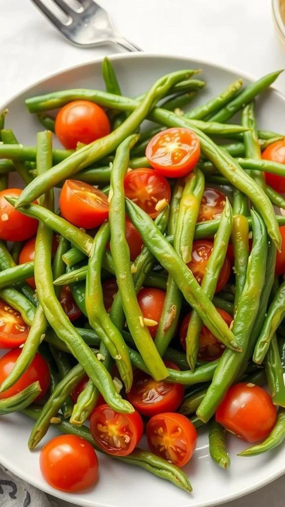 A plate of green beans with cherry tomatoes, drizzled with mustard vinaigrette.