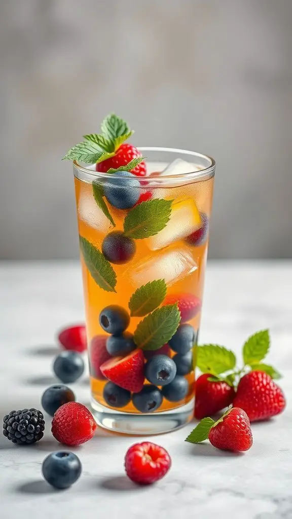 A refreshing glass of iced green tea with mixed berries and mint leaves.