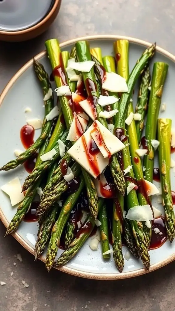 A plate of grilled asparagus topped with Parmesan cheese and drizzled with sauce