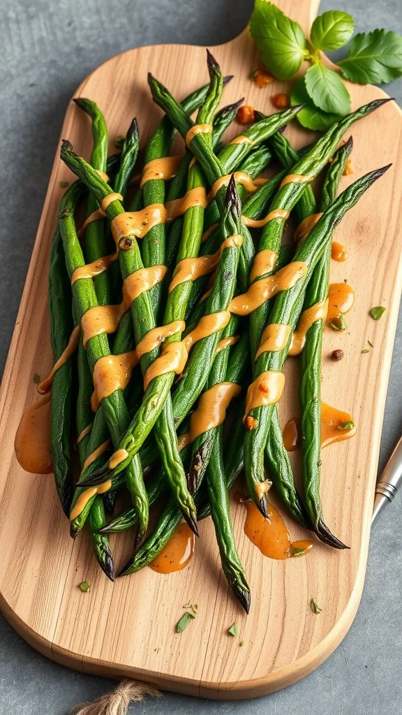 Grilled green beans drizzled with sauce on a wooden board