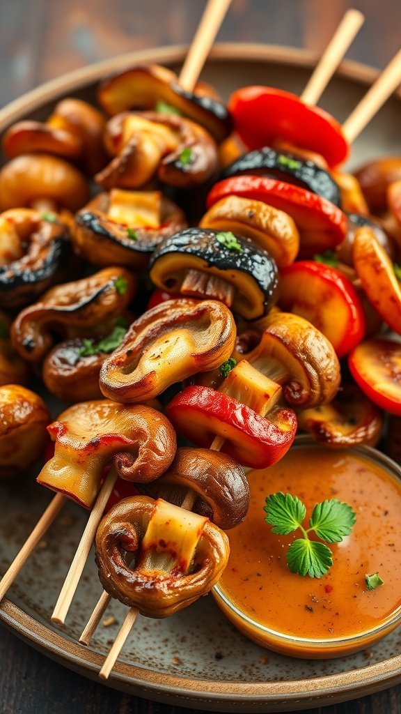 A plate of grilled mushroom skewers with colorful bell peppers and a dipping sauce