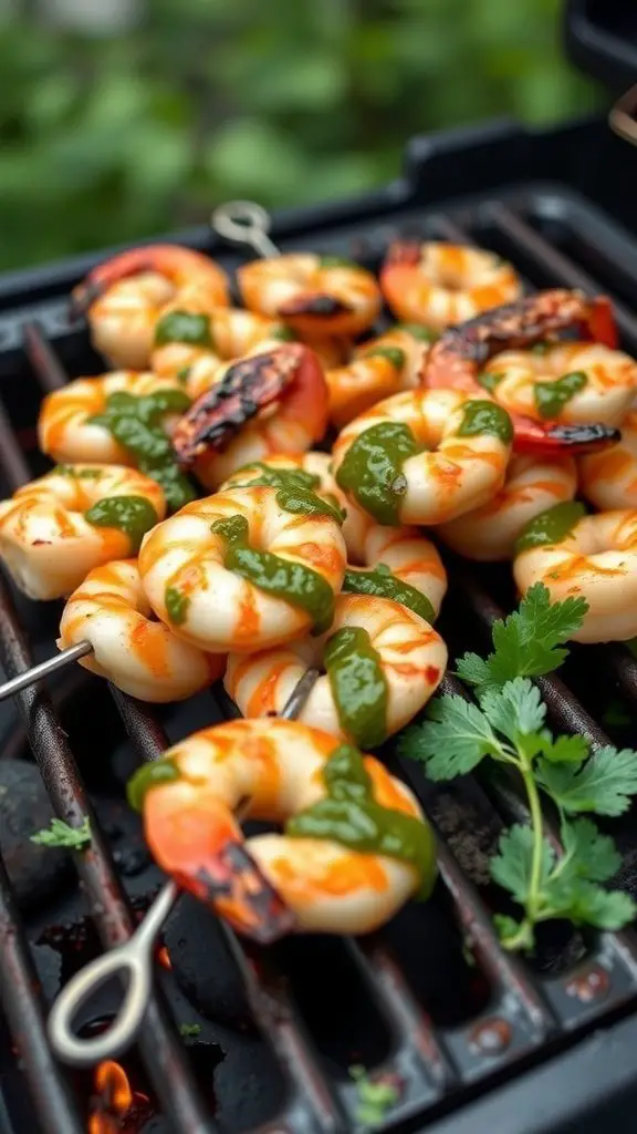 Grilled shrimp skewers with chimichurri sauce on a grill, featuring bright colors and fresh ingredients.