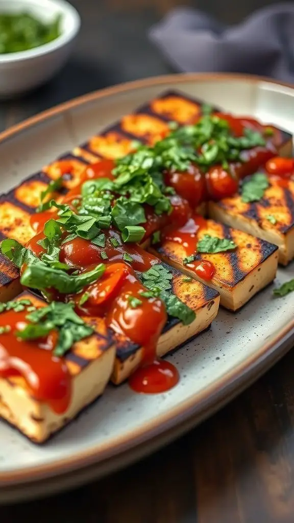 Grilled tofu topped with chimichurri sauce, garnished with fresh herbs on a plate.