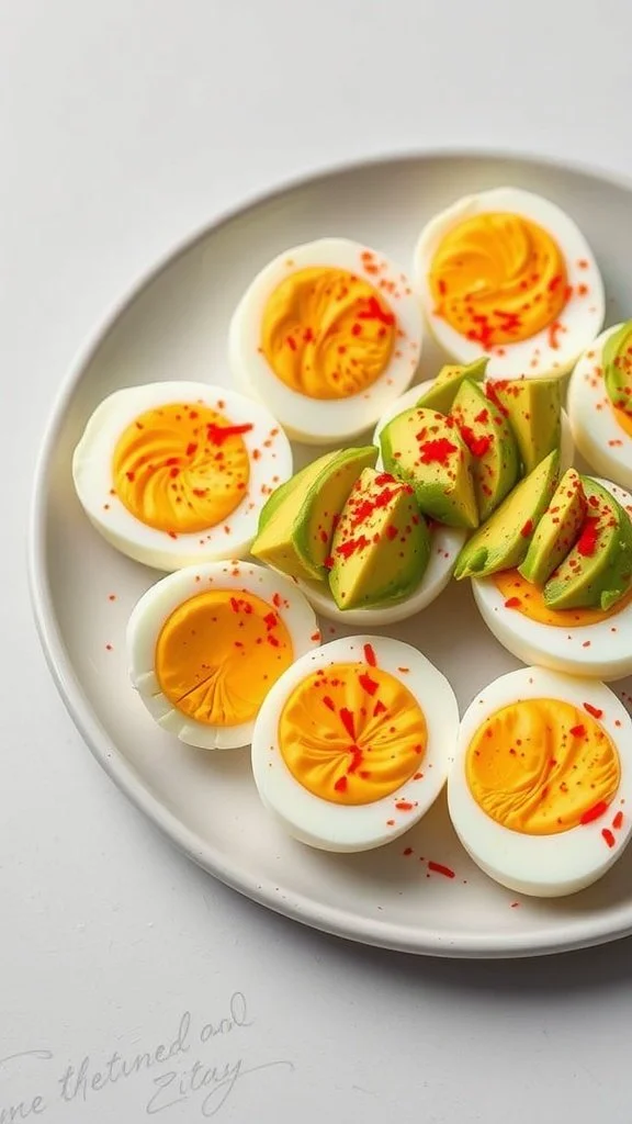 A plate of hard-boiled eggs cut in half with avocado slices, garnished with a sprinkle of red seasoning.